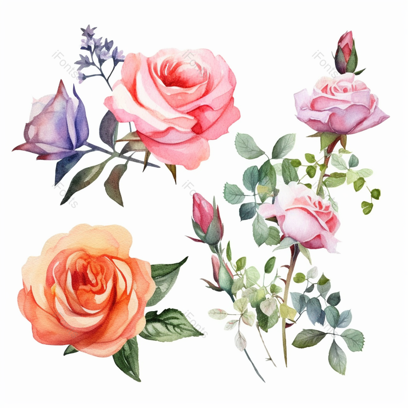 植物图鉴粉色玫瑰花束植物春天水彩画唯美插画,插画/手绘图,插画/手绘图库,插画/手绘图下载,插画/手绘